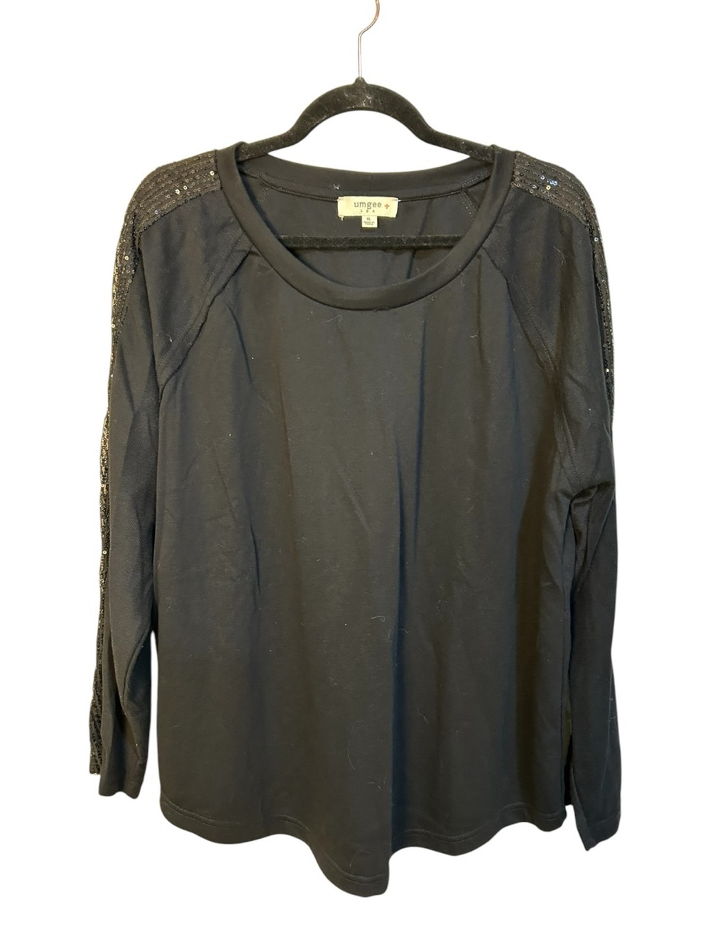 Umgee Black Long-Sleeve Top with Sequin-Trim Shoulders Size XL - Picture 2 of 8
